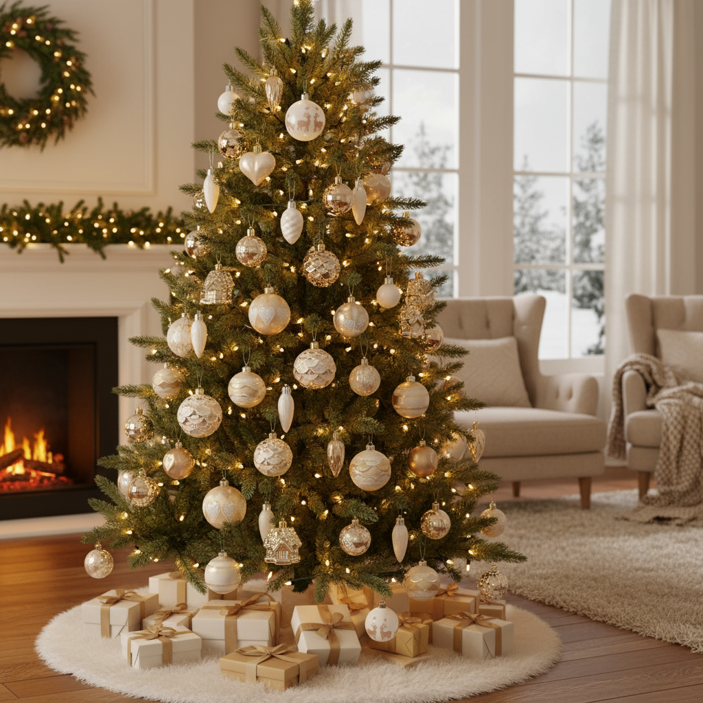 27-Piece Monochromatic Luxury Christmas Bauble Set in Cream and Champagne