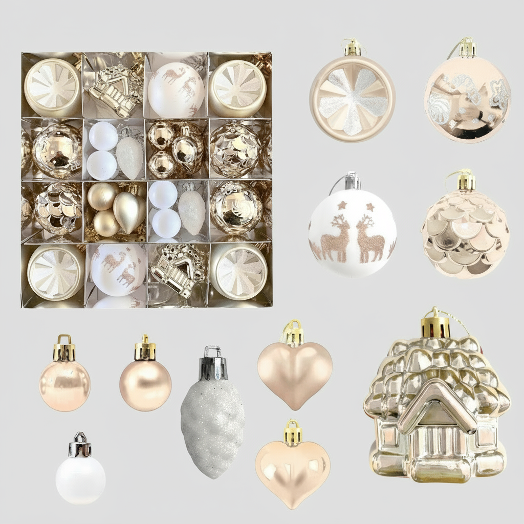 27-Piece Monochromatic Luxury Christmas Bauble Set in Cream and Champagne