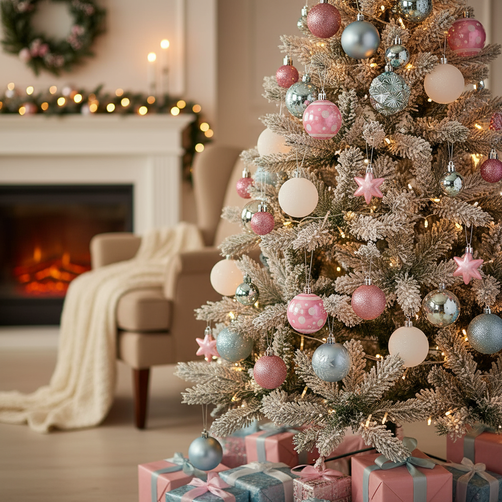 Set of 16 Cute Pastel Christmas Baubles in Candy Pink, Powder Blue and White