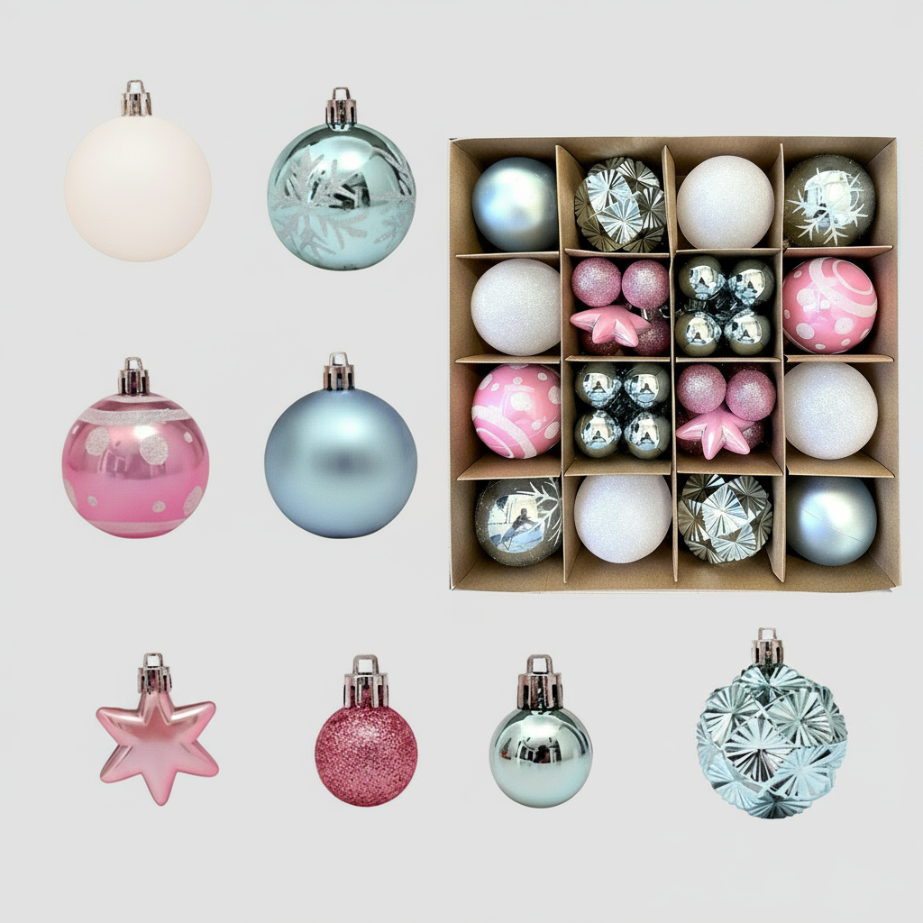 Set of 16 Cute Pastel Christmas Baubles in Candy Pink, Powder Blue and White