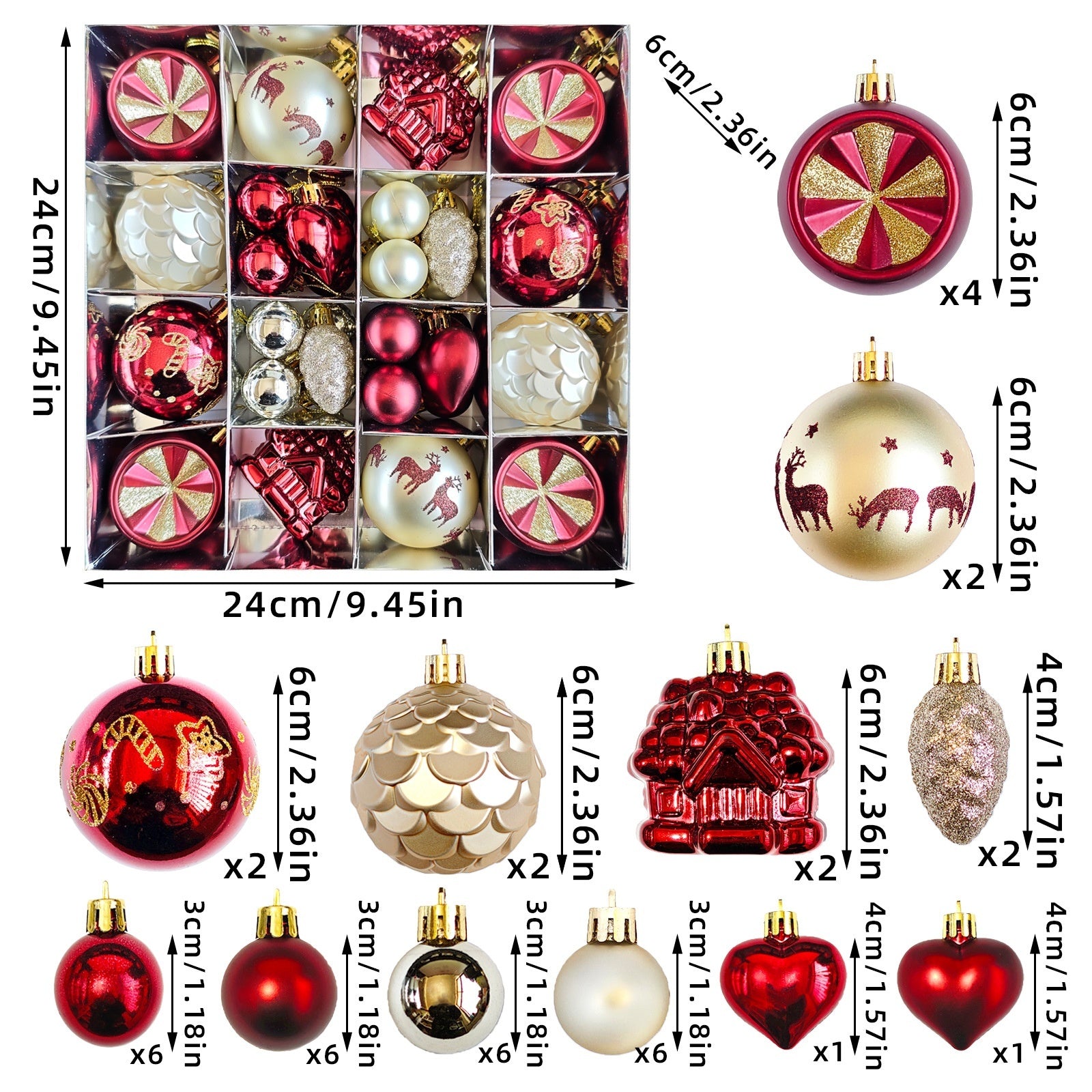 Festive &amp; Rustic Chic 27-Piece Christmas Bauble Set in Red and Champagne
