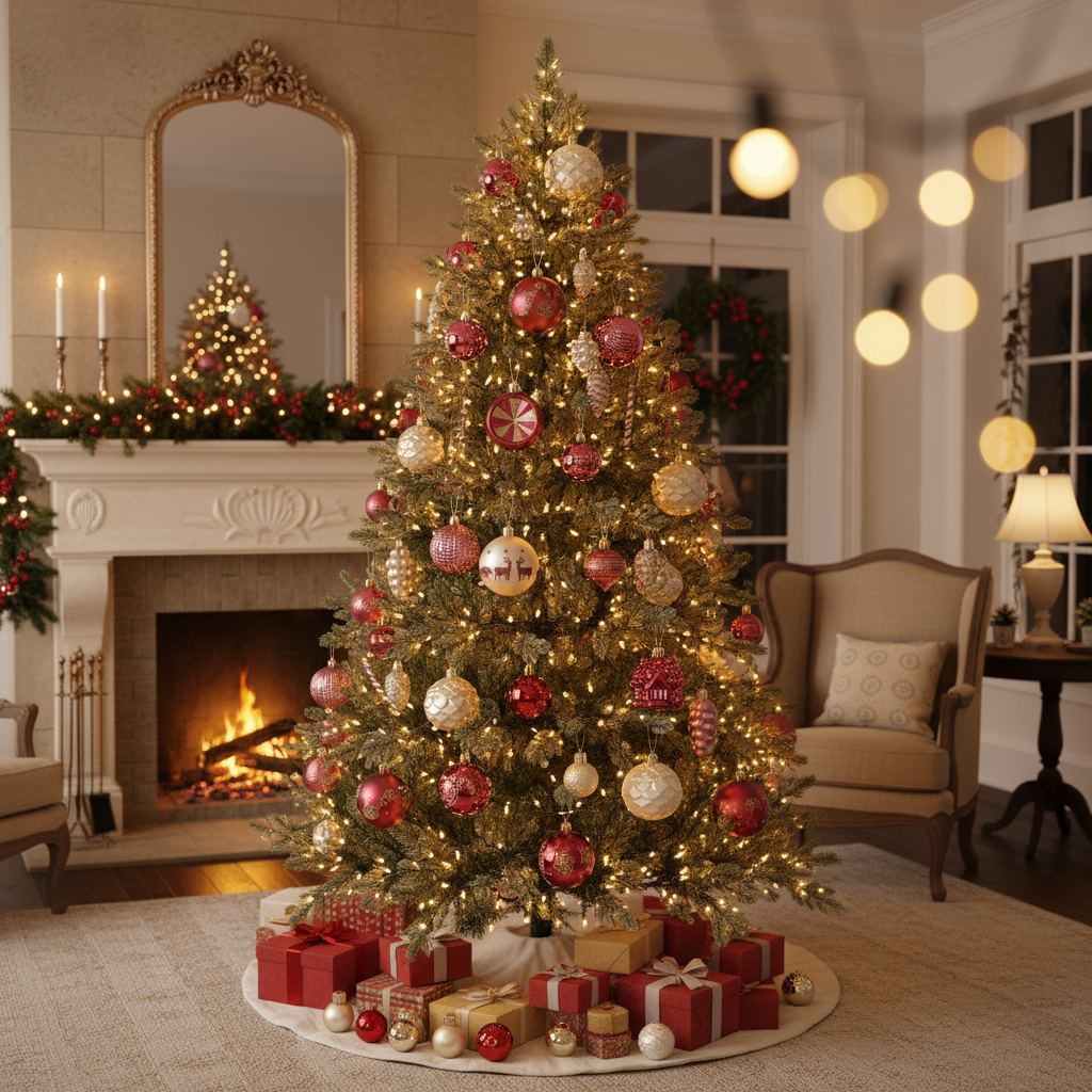 Festive &amp; Rustic Chic 27-Piece Christmas Bauble Set in Red and Champagne