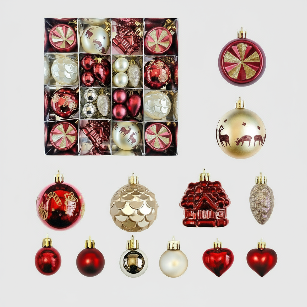 Festive &amp; Rustic Chic 27-Piece Christmas Bauble Set in Red and Champagne