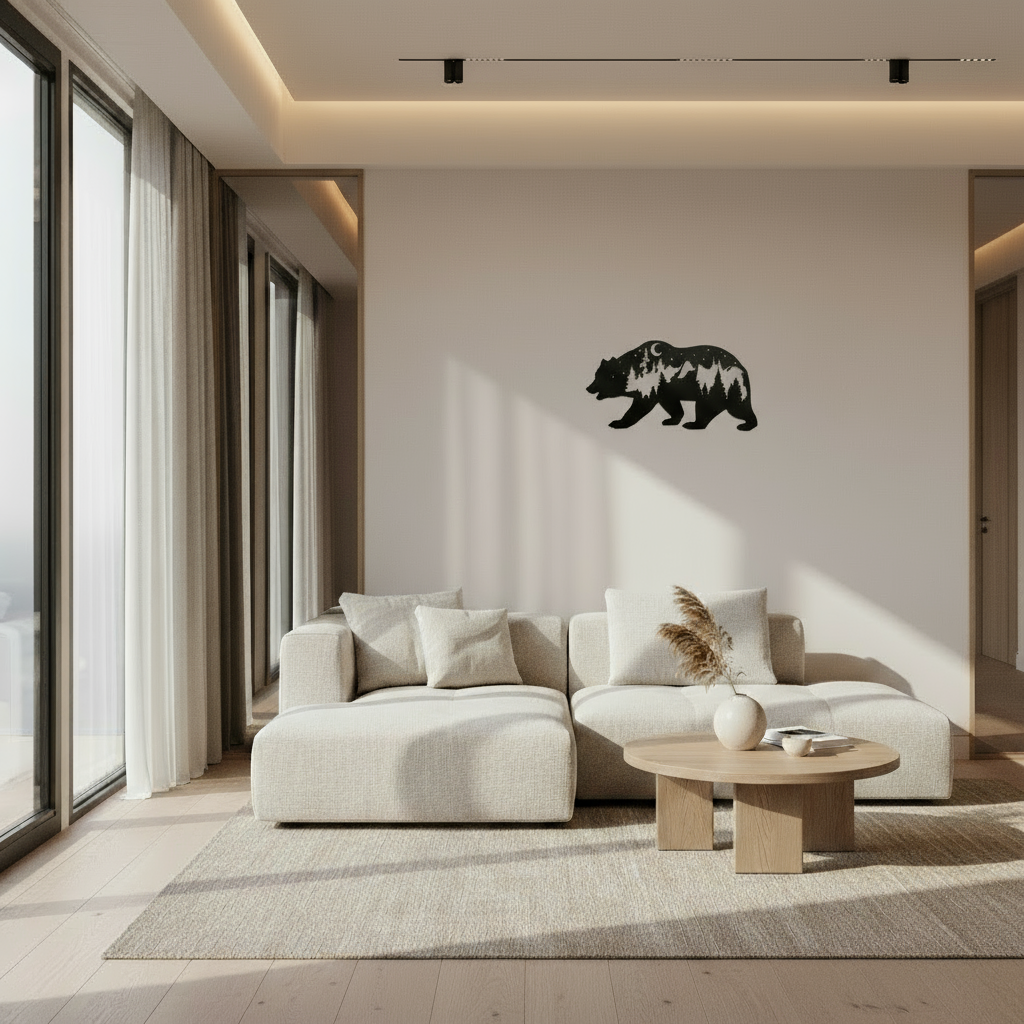 Nighttime Forest Bear Wall Art, Metal Silhouette, Nature Landscape