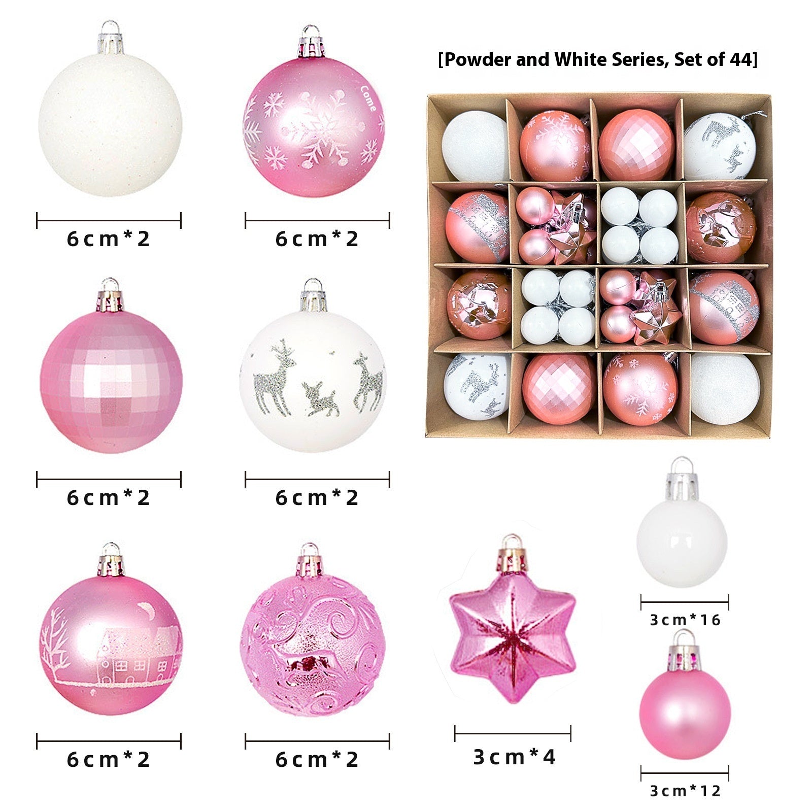 Set of 27 Fairy-Tale Soft Christmas Baubles in Powder Pink and White