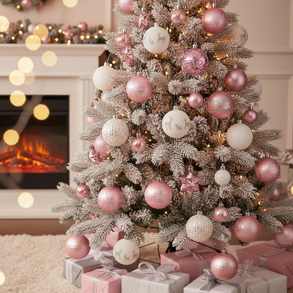 Set of 27 Fairy-Tale Soft Christmas Baubles in Powder Pink and White