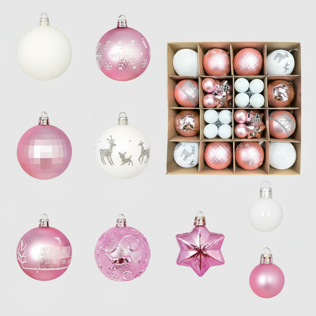 Set of 27 Fairy-Tale Soft Christmas Baubles in Powder Pink and White