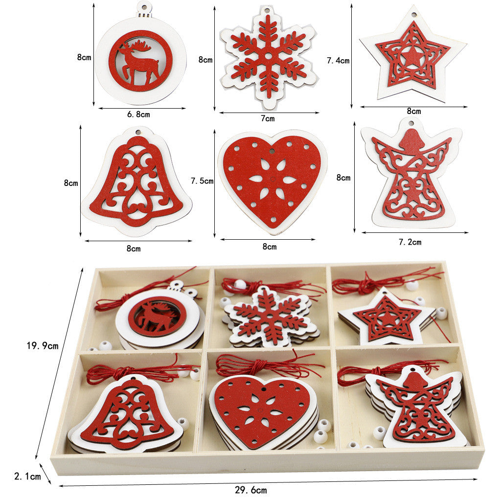 Set of 6 Rustic Red and White Christmas Decorations, Cut Wooden Ornaments