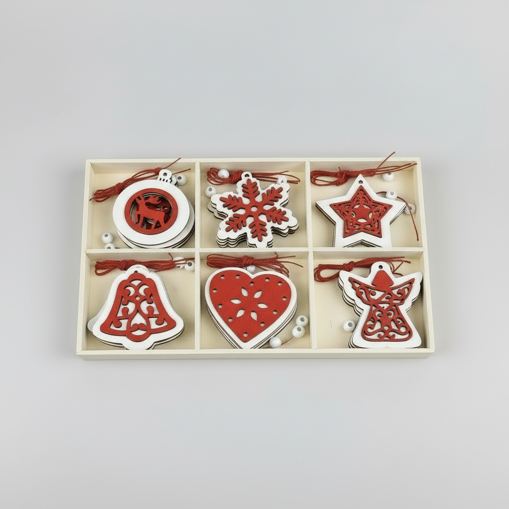 Set of 6 Rustic Red and White Christmas Decorations, Cut Wooden Ornaments